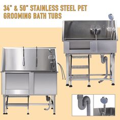 the stainless steel pet grooming bath tubs are shown in three different views, including one