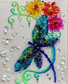 an art work with flowers and water droplets on the paper, as well as bubbles
