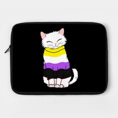 a laptop case with a cat wearing a rainbow sweater on it's chest and eyes closed