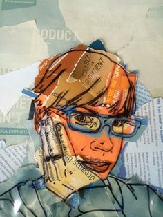 an altered photograph of a man with glasses and paper on his head, in front of newspaper pages