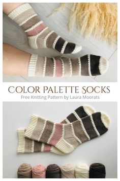 two pairs of socks with different colors on them and the text, color palette socks free knitting pattern by laura morgans