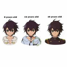 four anime characters with different hair styles and numbers on their faces, from the beginning to the