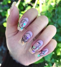 Cartoon Nail Art Designs, Teacher Nails, Maquillage Yeux Cut Crease, Witchy Nails, Summer Gel Nails, Long Acrylic Nail Designs, Goth Nails, Nail Art Designs Ideas, Art Designs Ideas