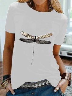 Casual Dragonfly Print Short Sleeve T-shirt Tops Summer Outfits, Couture, Dragonfly Print, Dragonfly Prints, Dragon Fly, Fabric Paint, T Shirt Top, Printed Shorts, Fashion Prints