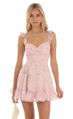 Floral Dotted A-Line Dress in Pink | LUCY IN THE SKY Lace Up Back Dress, Backless Lace Dress, Rush Outfits, Cute Formal Dresses, School Dance Dresses, Spaghetti Strap Bodycon Dress, Floral Lace Shorts, Banquet Dresses, Ribbon Dress