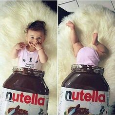 two pictures of a baby with nutella in the middle
