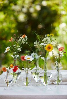 four vases with flowers in them sitting on a white table cloth outside near some trees