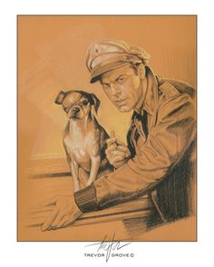 a drawing of a man holding a dog in his lap and looking at the camera