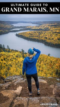 a person standing on top of a rock with the words best hike in minnesota rose lake cliffs