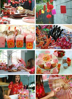 a collage of photos with pink and red decorations on them, including flowers, candles, plates, vases