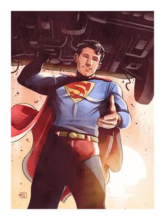a painting of a man in superman costume with his hand on his hip and the words,