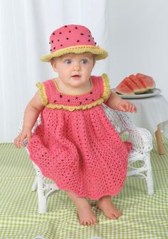 Crochet this baby dress using DK/Sport weight yarn. Requires crochet hook G-6 (4 mm).  Pattern includes sizes 6-9, 12-18 months. This is a downloadable (non paper) pattern. For questions about yarn requirements, please contact us. Watermelon Amigurumi Free Pattern, Easy Crochet Dress Pattern Free, Crochet Baby Dress Free Pattern, Crochet Baby Frock, Easy Crochet Hat Patterns, Watermelon Dress, Crochet Dress Pattern Free, Easy Crochet Hat, Crochet Mignon