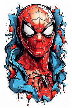 a spider man with blue and red paint splatters around him