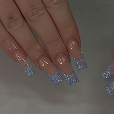 Prom Nail Designs Silver, Fancy Prom Nails, Latina Nail Inspo Medium, Blue Sparkly French Tip Nails, Bejeweled Nails, Baby Blue Acrylic Nails, Girl Prom, Blue Glitter Nails