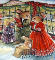 a painting of two mice in front of a store window with snow on the ground