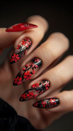 Red Rave Nails, Goth Flower Nails, Nail Inspiration Stiletto, Acrylic Nails Black And Red, Spider Lily Nails, Cool Red Nails, Pretty Red Nails, Red Floral Nails, Black Floral Nails