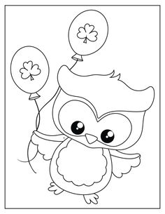 an owl with balloons and shamrocks for st patrick's day coloring book page