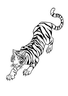 a black and white drawing of a tiger jumping in the air with it's mouth open