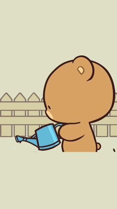 a cartoon bear holding a blue watering can
