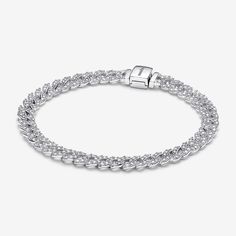 Elevate your look with the Pandora Timeless Pavé Cuban Chain Bracelet. This sterling silver bracelet features sparkling links in a chain. The top of each half circle is set with three round stones, while the back of the chain is polished for shine and comfort. The bracelet closes with a flat, square-shaped clasp featuring an engraved Pandora logo. Combining the linear geometry of our iconic chains with sparkling pavé, this sterling silver chain bracelet is a forever piece with of-the-moment appe Pandora Logo, Cuban Chain Bracelet, Silver Chain Bracelet, Half Circle, Cuban Chain, Girly Jewelry, Sterling Silver Bracelet, Top Gifts, Sterling Silver Chain