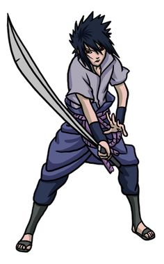 an anime character holding two swords in one hand and wearing blue pants with black hair