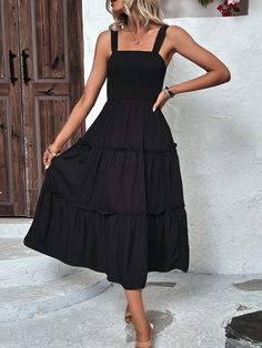 Black Boho Collar Sleeveless Woven Fabric Plain Cami Embellished Non-Stretch  Women Clothing Black Picnic Dress, Midi Black Dress Outfit, Long Black Summer Dress, Black Summer Dresses, Cami Midi Dress, Bohemian Mode, Coachella Dress, Business Formal Dress, Summer Black Dress