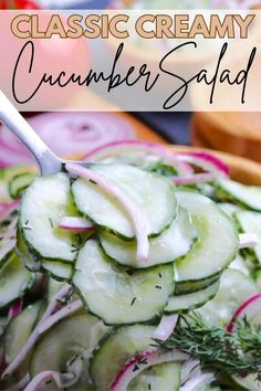 cucumber salad in a bowl with a spoon