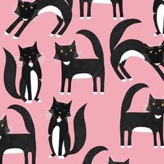 a black cat with yellow eyes is standing in the middle of a pink wallpaper