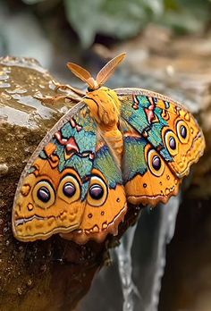 a large butterfly sitting on top of a rock next to a waterfall with water running down it's side