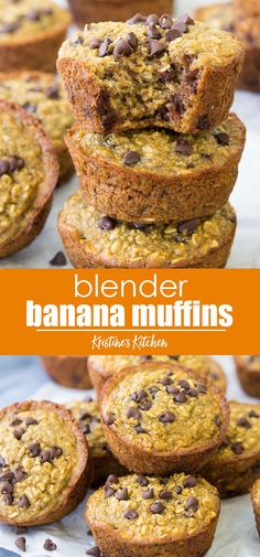 banana muffins stacked on top of each other with chocolate chips in the middle