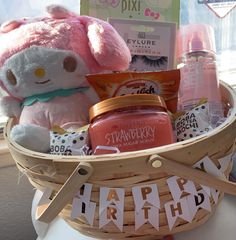 a basket filled with personal care items on top of a window sill