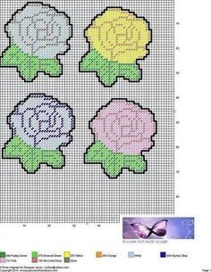 three flowers are shown in the cross stitch pattern, and each has a different color scheme