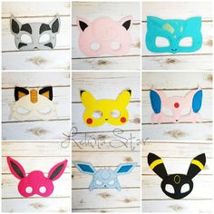 six masks with different designs on them, all in different colors and shapes to match