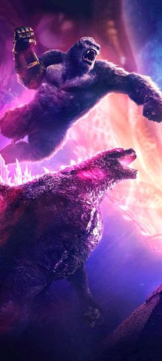 two godzillas are fighting in front of a colorful background with an alien like creature