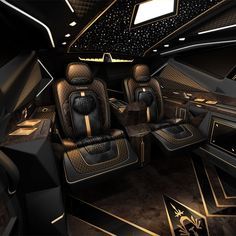 the interior of a futuristic vehicle with black leather seats and gold trimmings is shown