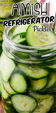 Tall mason jar of cucumber slices turned pickles with Pinterest overlay. Amish Refrigerator Pickles, Ice Box Pickles, Ice Box Pickles Recipes, Sweet Refrigerator Pickles