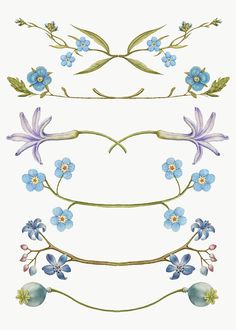 blue flowers and leaves are arranged in the shape of an arch, with green stems on each side