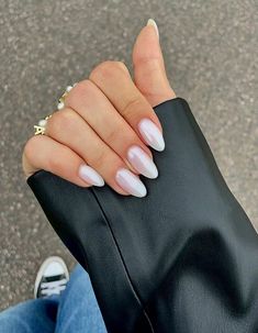 Long Almond Pearl Nails, Almond Nails Anc, Sheer Cream Nails, Nails For All Black Outfit, Natural Dip Manicure, Engagement Nails White, Wedding Guest Nails Ideas Almond, Milky White Nails Almond Shape, Professional Summer Nails