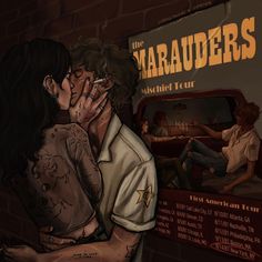 a man and woman kissing in front of a sign that reads the maraaders