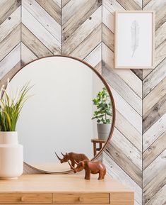 a mirror sitting on top of a wooden dresser next to a plant and potted plant