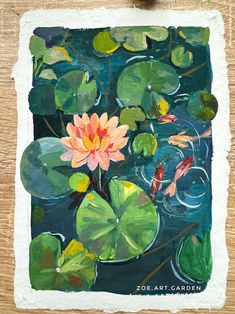 a painting of water lilies and fish in a pond