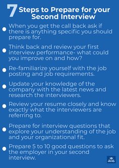 a blue poster with the words 7 steps to prepare for your second interview when you get the call back ask if there is anything