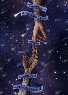 two hands reaching up to each other with ribbons around them and stars in the background