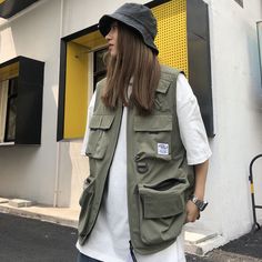 DetailsPattern Type: SolidMaterial: Polyester & CottonClosure Type: ZipperCollar: V-Neck Japan Fashion, Green Cargo Vest, Moda Aesthetic, Cargo Vest, New Teen, Classic Jacket, Japan Style, Trendy Summer Outfits, Women Street