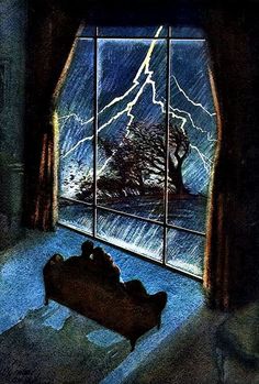 a drawing of a bed in front of a window with lightning coming through the sky