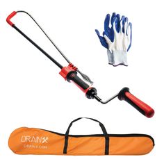 a pair of gloves and an orange bag are next to a hand held garden tool