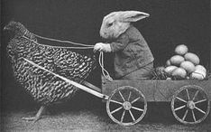 a rabbit pulling a cart with eggs in it