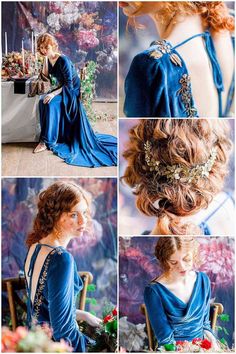 Medieval Inspired Wedding, Blue Medieval Dress, Blue Velvet Gown