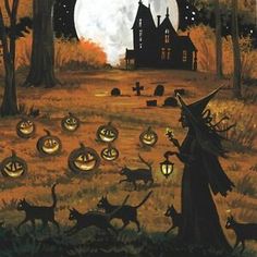 an image of a halloween scene with pumpkins in the yard and witches on the ground