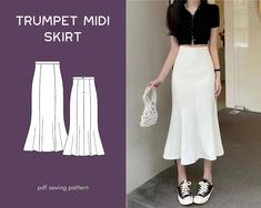 a woman standing next to a wall wearing a white skirt and black shirt with the words, trumpet midi skirt